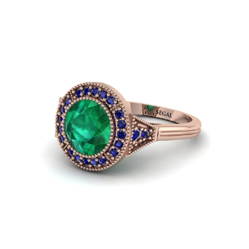 Ladies engagement rings limited editions-Round Cut Emerald Milgrain Halo Engagement Ring - Maggie No. 65