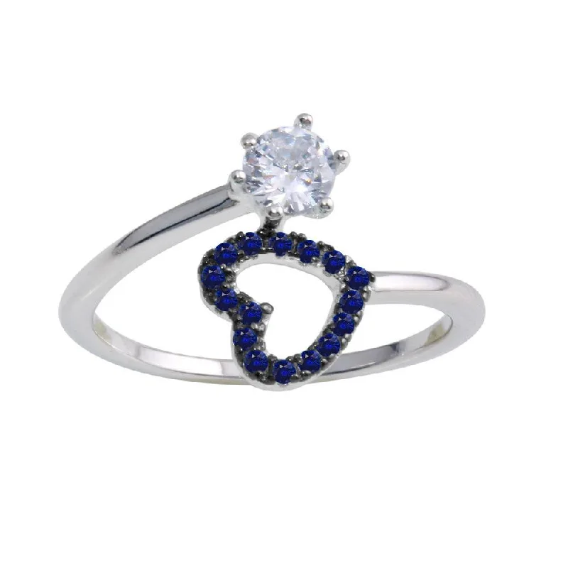 Ladies rings social media trends-Rhodium Plated 925 Sterling Silver Open Heart Ring with Blue and Clear CZ - BGR01221BLU