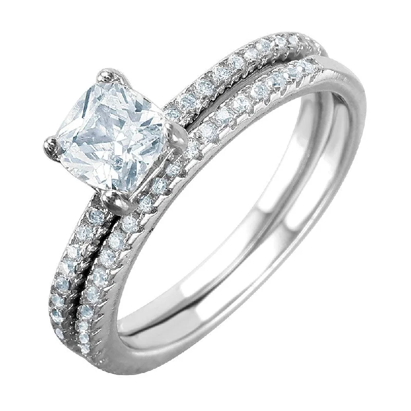 Ladies rings minimalist trends-Silver 925 Rhodium Plated Square Center CZ Bridal Ring - BGR01010