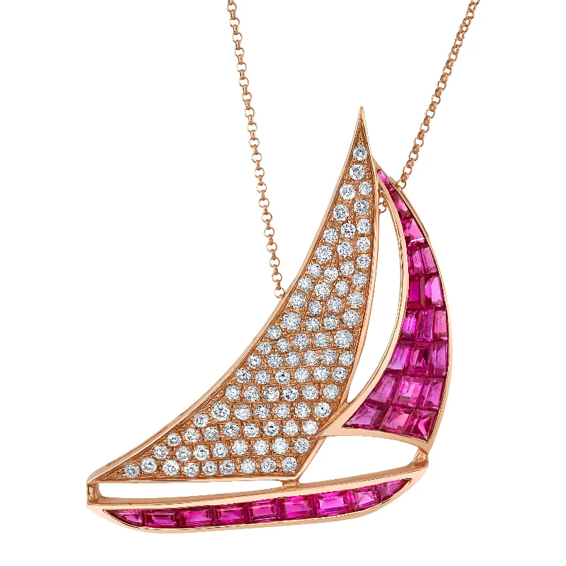 Ladies rings luxurious designs-Pave Diamond Ruby Sailboat Pendant Necklace