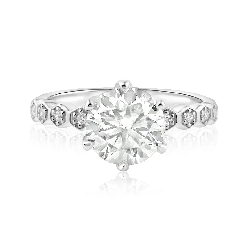 Ladies rings stacking looks-Rhodium Plated 925 Sterling Silver 2 Carat Round Moissanite and Clear CZ Ring - MBGR00006