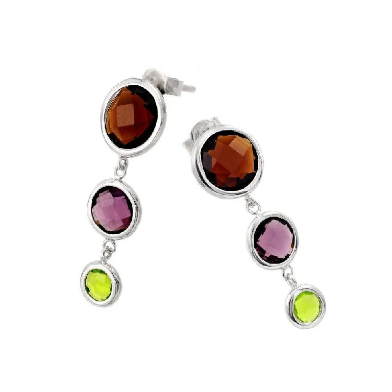 Ladies earrings celebrity trends-Silver 925 Rhodium Plated Graduated Multicolor Round CZ Wire Dangling Earrings - STE00938