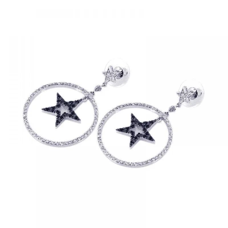 Ladies earrings anniversary picks-Clearance-Silver 925 Black and Silver Rhodium Plated Open Circle Star CZ Dangling Earrings - BGE00072