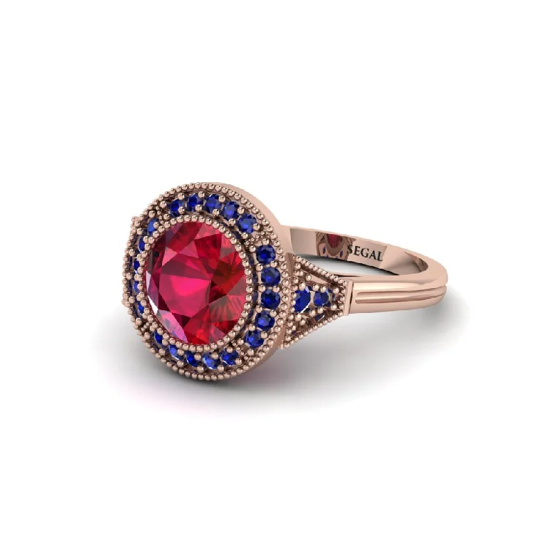 Ladies engagement rings customer reviews-Round Cut Ruby Milgrain Halo Engagement Ring - Maggie No. 71