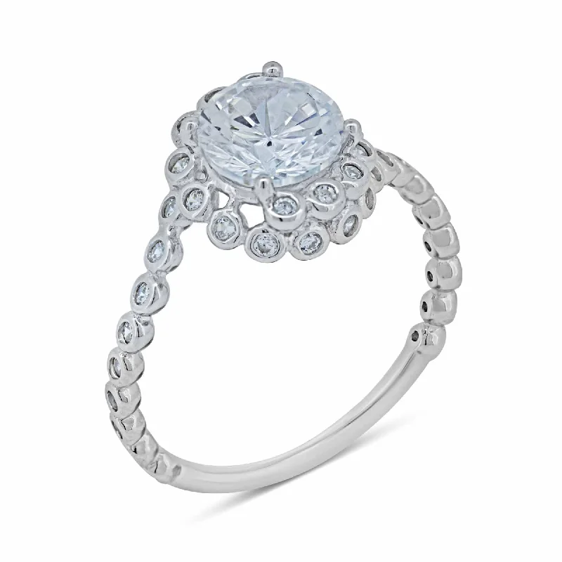 Ladies rings pinky designs-Silver 925 Rhodium Plated Bubble Shank Round Center CZ Ring - BGR01038