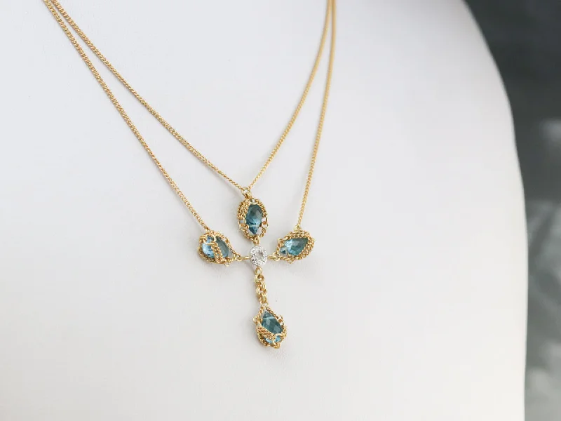 Ladies rings wedding accessories-Gold Blue Topaz and Diamond Cross Necklace