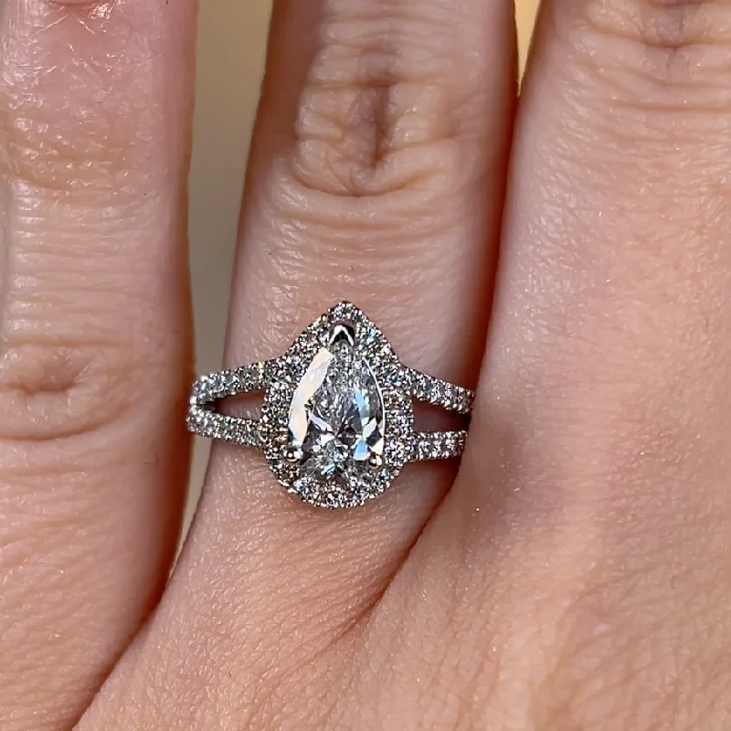 Ladies engagement rings designer labels-"Cresta" Halo Pear Cut Split-Shank Diamond Shoulder Engagement Ring