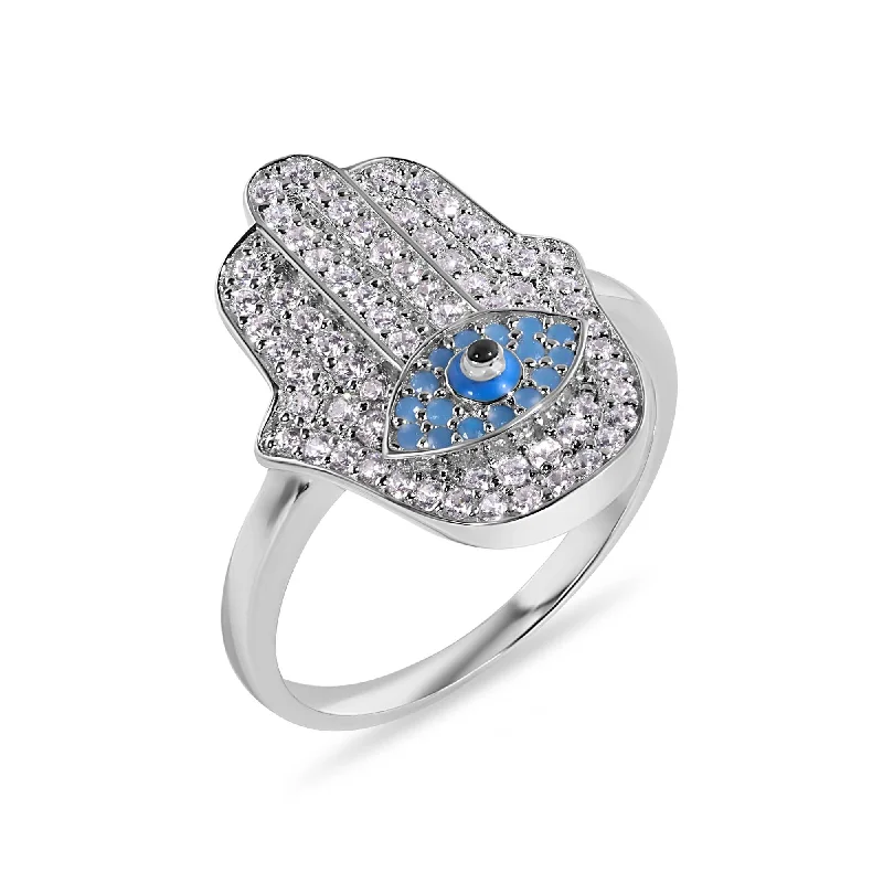 Ladies rings creative styles-Rhodium Plated 925 Sterling Silver Hamsa Evil Eye Clear Turquoise CZ Studded 18.6mm Ring - GMR00409