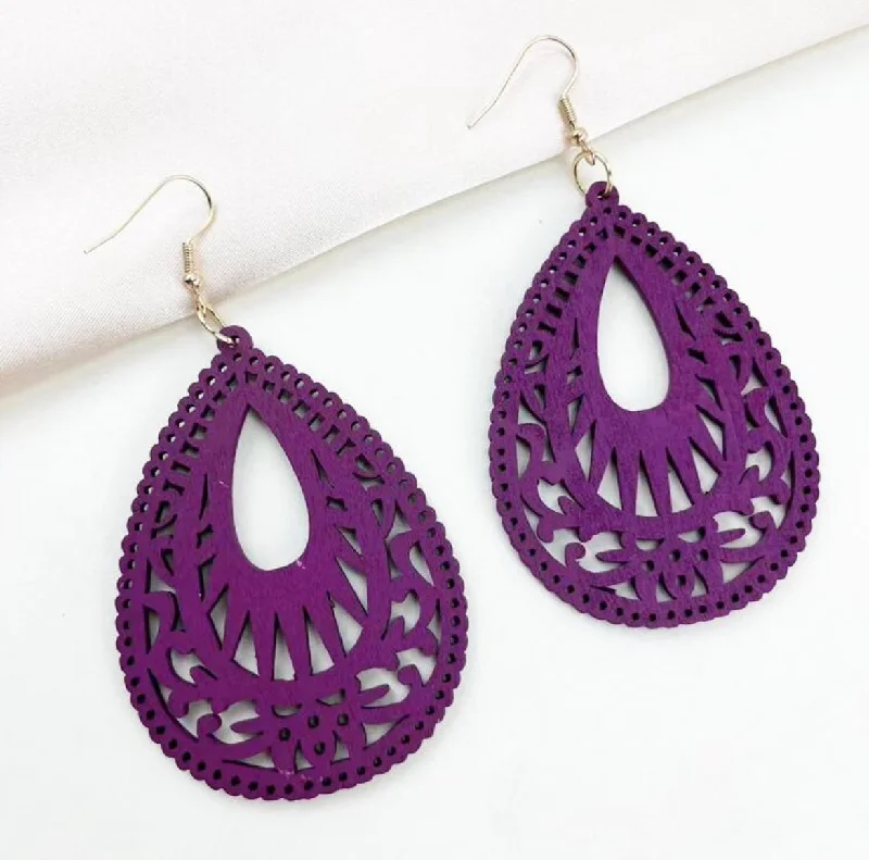 Ladies earrings ethnic patterns-Beautiful Purple Wooden Drop Earrings