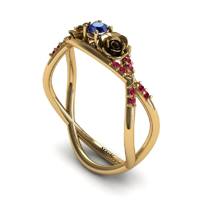 Ladies engagement rings delicate bands-Rose Engagement ring 14K Yellow Gold Thin Elegant Flower Ring Sapphire With Ruby - Stella no. 16