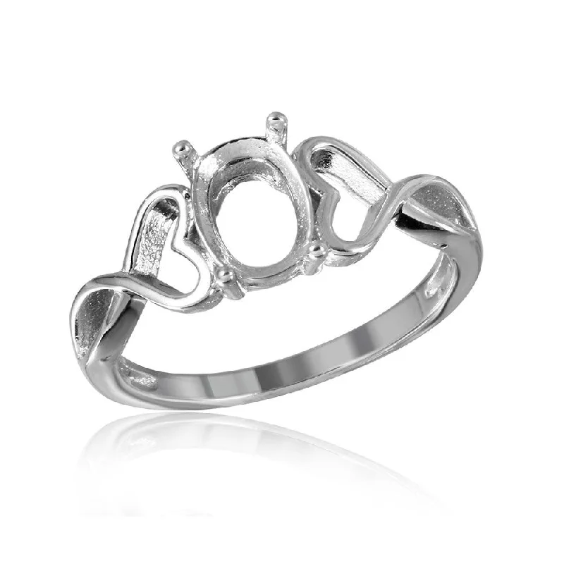 Ladies rings memory keepsakes-Silver 925 Rhodium Plated Open Heart Shank Single Stone Mounting Ring - BGR00934