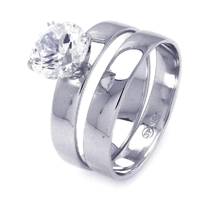 Ladies rings office styles-Silver 925 Rhodium Plated Solitaire CZ Matching Ring Pair Set - STR00771