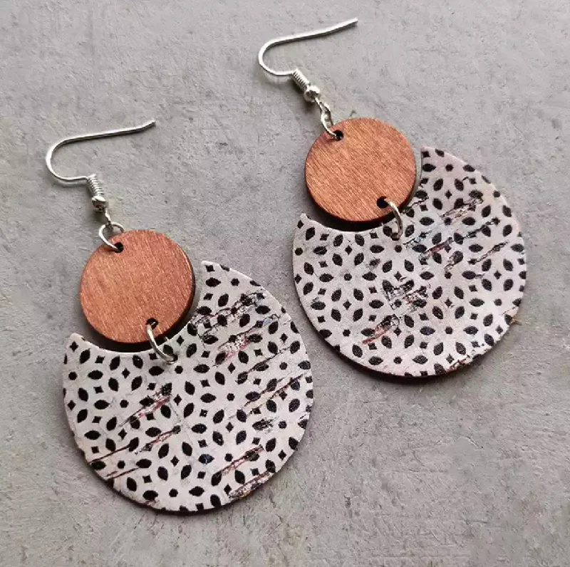 Ladies earrings designer brands-Round Black and White Wood and Cork Earrings