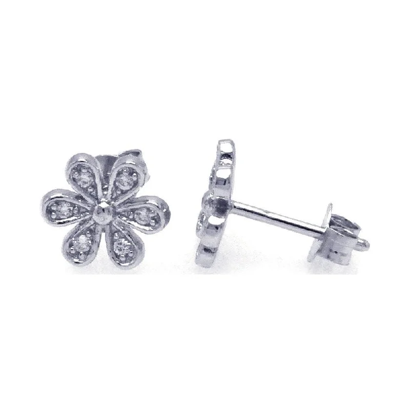 Ladies earrings customer reviews-Silver 925 Rhodium Plated Round Flower Clear CZ Post Earrings - STE00745