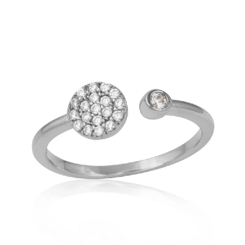 Ladies rings gift ideas-Rhodium Plated 925 Sterling Silver Open Ring with Round CZ and CZ Circle - BGR01118RH