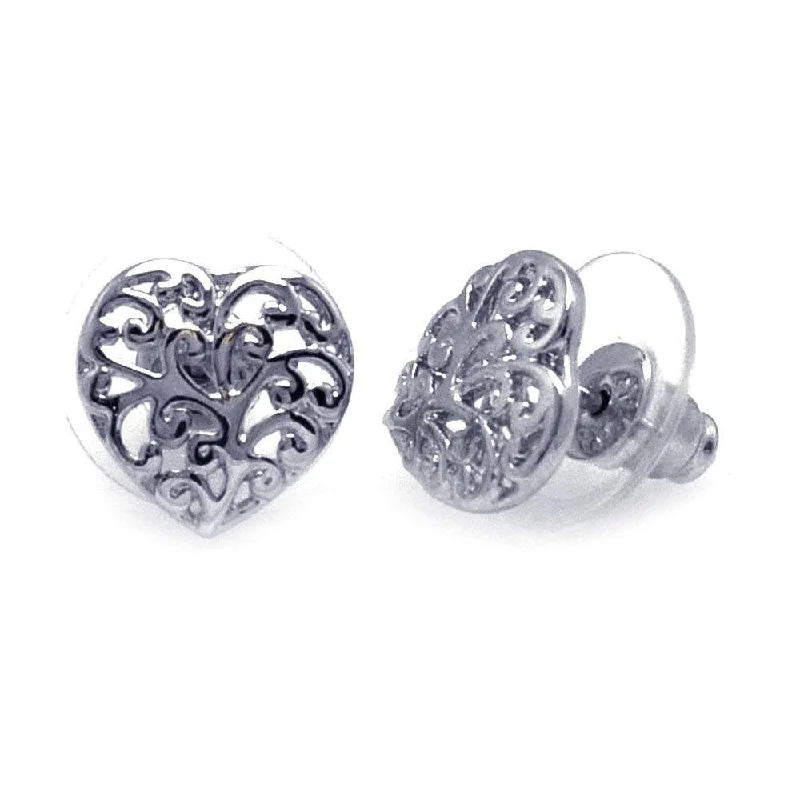 Ladies earrings cute designs-Silver 925 Rhodium Plated Open Heart Filigree Earrings - BGE00110