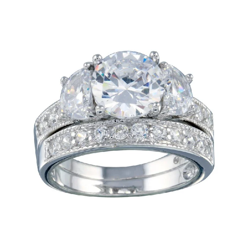 Ladies rings luxury brands-Rhodium Plated 925 Sterling Silver Clear Round Center CZ Bridal Ring Set - BGR00069