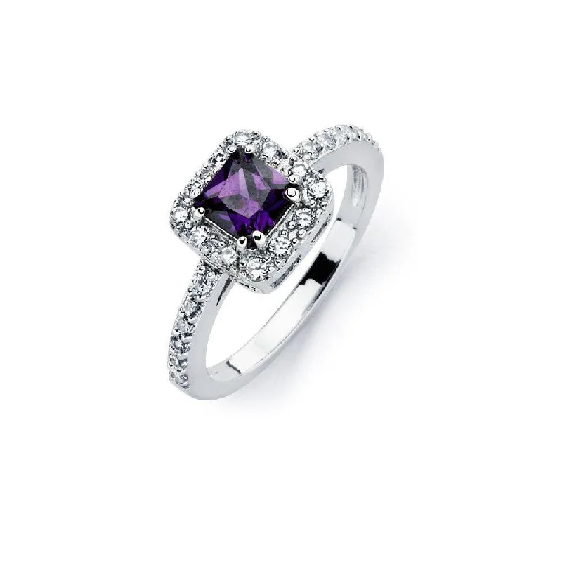 Ladies rings European styles-Silver 925 Rhodium Plated Clear Micro Pave Set and Square Purple Center CZ Bridal Ring - BGR00734