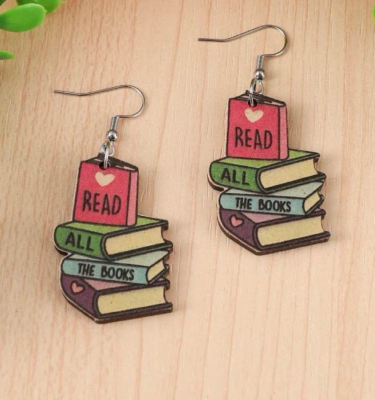 Ladies earrings office elegance-Wooden "Read All The Books" Drop Earrings