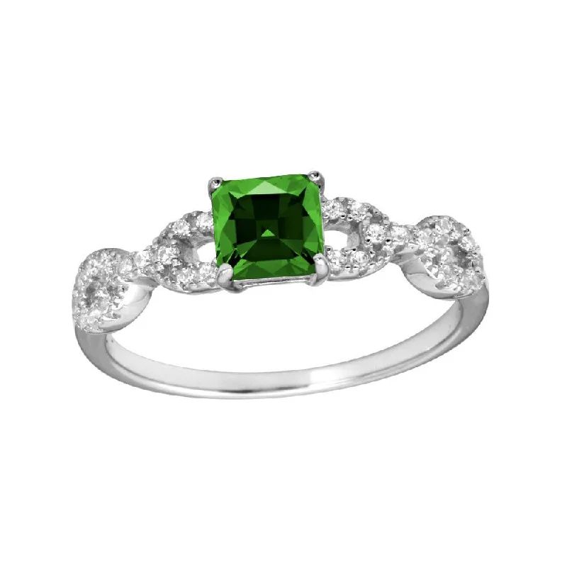 Ladies rings sapphire gems-Rhodium Plated 925 Sterling Silver Square Green CZ Center Stone Chain Design Shank Ring - BGR01225GRN