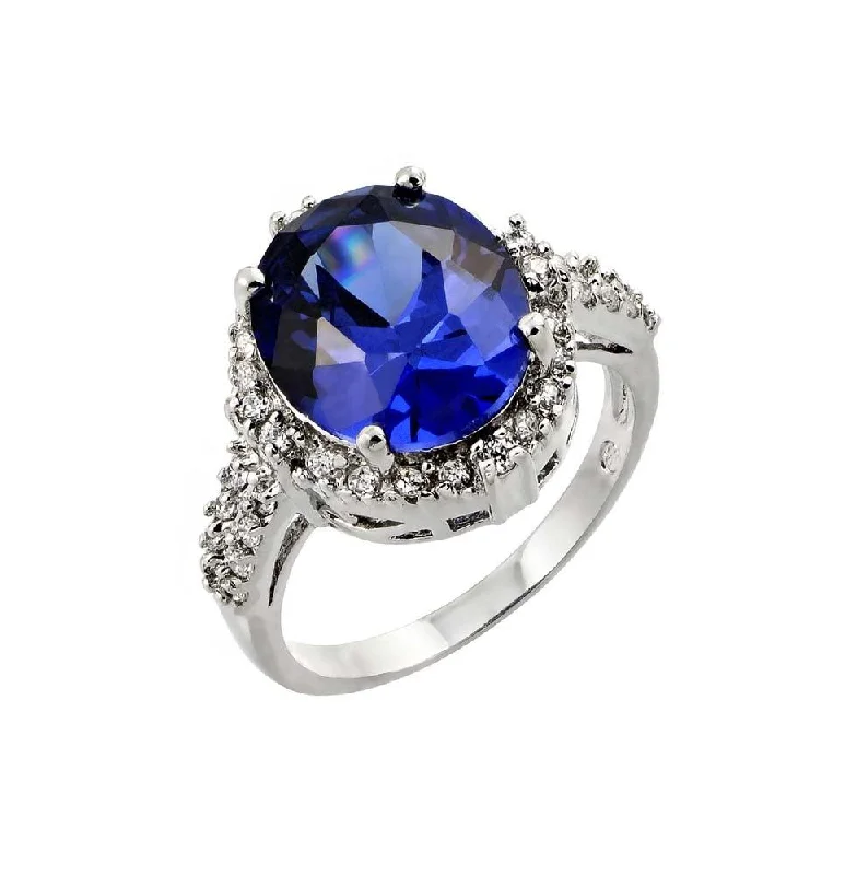 Ladies rings investment value-Silver 925 Rhodium Plated Blue Oval and Clear Inlay CZ Bridal Ring - BGR00777