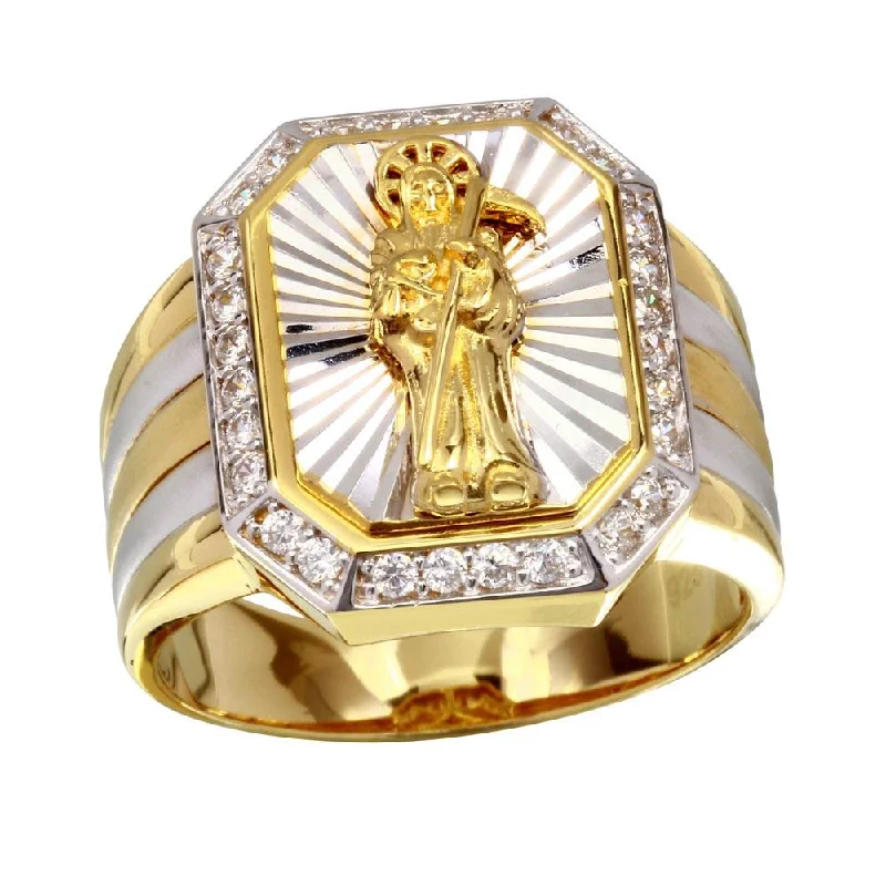 Ladies rings floral accents-Two-Tone 925 Sterling Silver Santa Muerte Ring with CZ - GMR00227GR