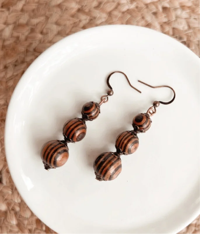 Ladies earrings white gold-Wooden Bead Drop Earrings