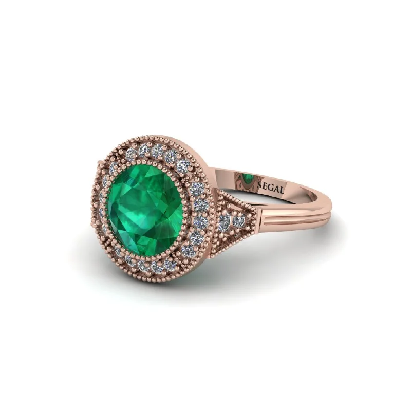 Ladies engagement rings dainty looks-Round Cut Emerald Milgrain Halo Engagement Ring - Maggie No. 5