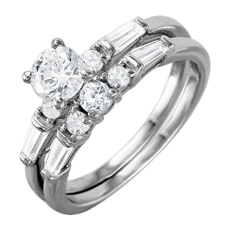 Ladies rings social media trends-Silver 925 Rhodium Plated Bridal Ring with Baguette CZ Stones - BGR01002