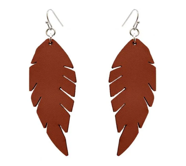 Ladies earrings luxurious appeal-BROWN FAUX LEATHER FEATHER EARRINGS