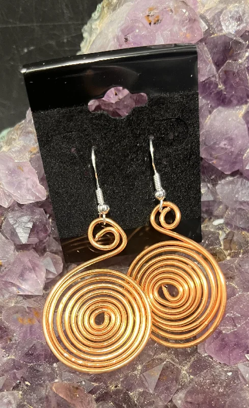 Ladies earrings minimalist trends-Copper Spiral Handmade Earrings w/sterling Plated Hooks