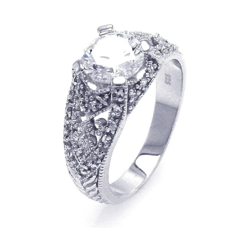 Ladies rings elegant looks-Silver 925 Rhodium Plated Round Center CZ Antique Ring - STR00525