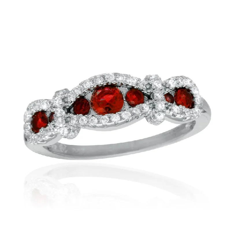 Ladies rings pearl details-Rhodium Plated 925 Sterling Silver Knotted Red CZ Ring - BGR01112RED