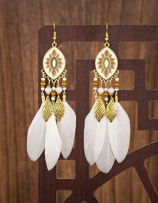 Ladies earrings stud trends-White Feather Tassel Earrings