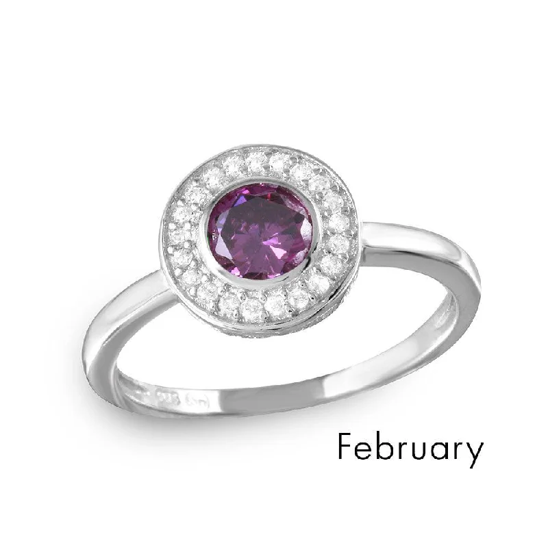 Ladies rings classic designs-February Sterling Silver 925 Rhodium Plated CZ Center Birthstone Halo Ring - BGR01082FEB