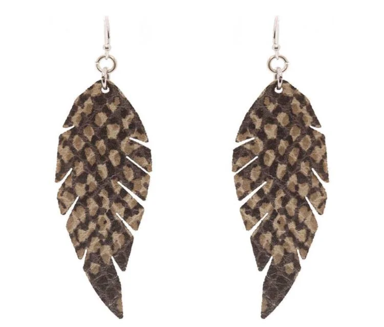 Ladies earrings chandelier looks-BEIGE SNAKE SKIN STYLE FAUX LEATHER FEATHER EARRINGS