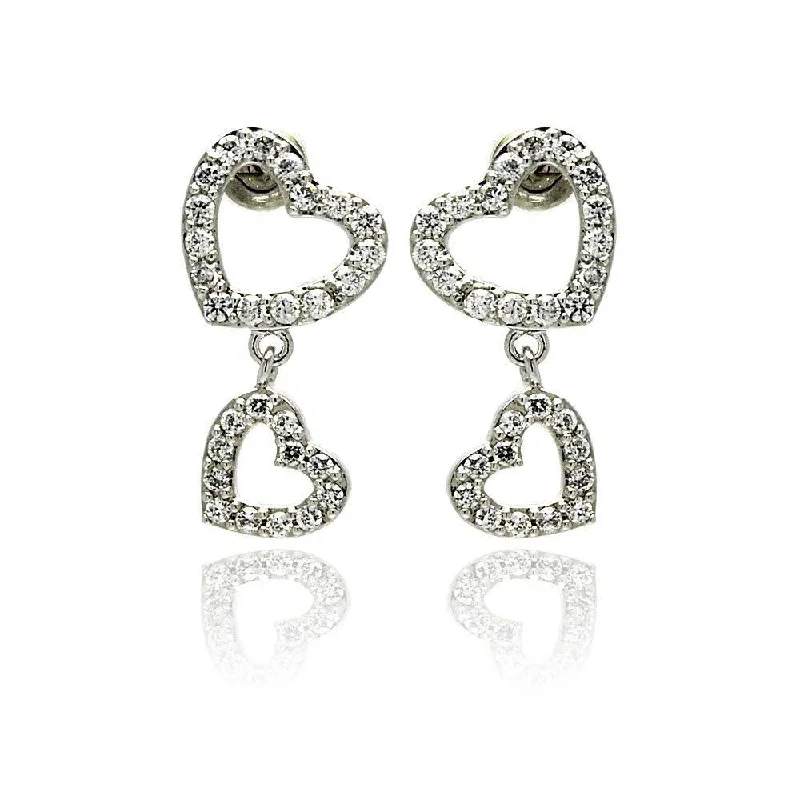 Ladies earrings pearl accents-Silver 925 Rhodium Plated Heart CZ Dangling Earrings - STE00240