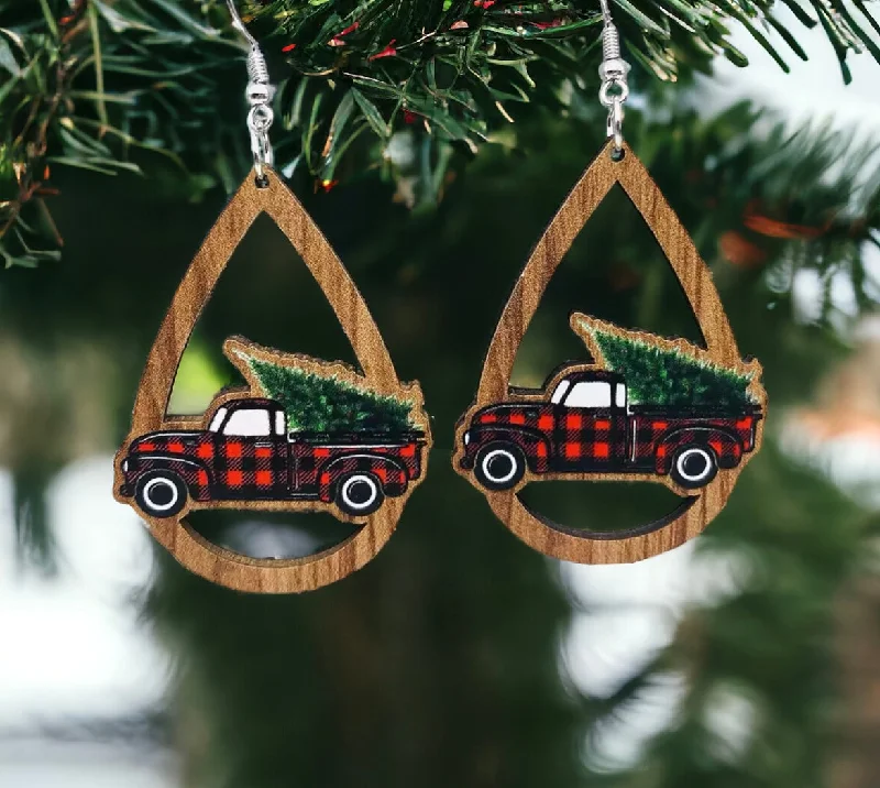 Ladies earrings proposal surprises-Vintage Truck and Christmas Tree Wooden Drop Earrings