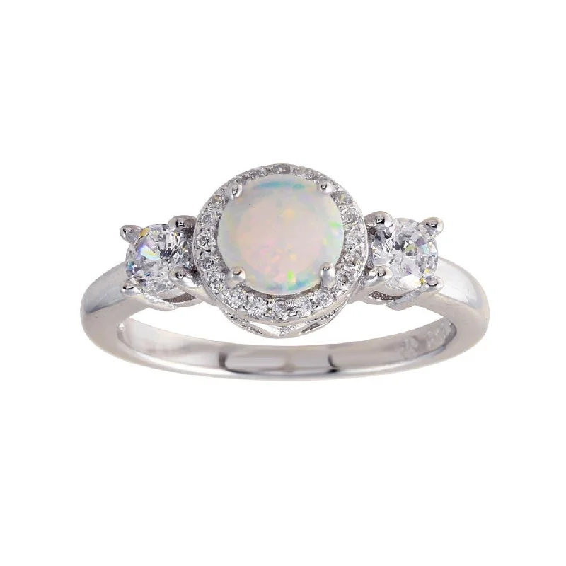 Ladies rings animal designs-Rhodium Plated 925 Sterling Silver Round Opal Stone Halo CZ Ring - BGR01276