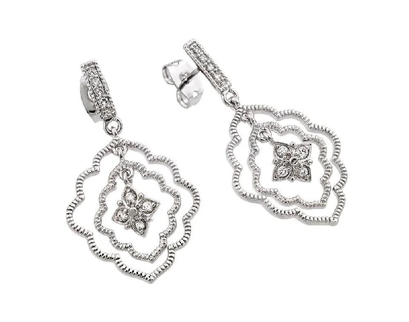 Ladies earrings popular brands-Silver 925 Rhodium Plated Channel Curvy Marquis Flower CZ Dangling Earrings - BGE00355