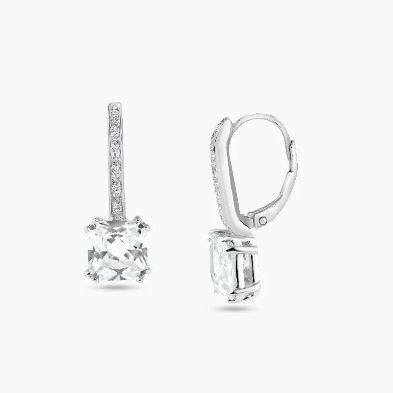 Ladies earrings mature styles-Silver 925 Rhodium Plated Square CZ Hook Earrings - STE00154