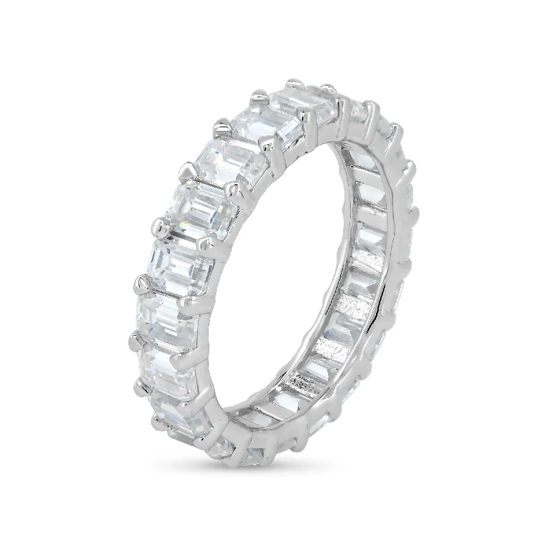 Ladies rings cute accents-925 Sterling Silver Rhodium Square Moissanite Stone Eternity Band Ring - MGMR00007