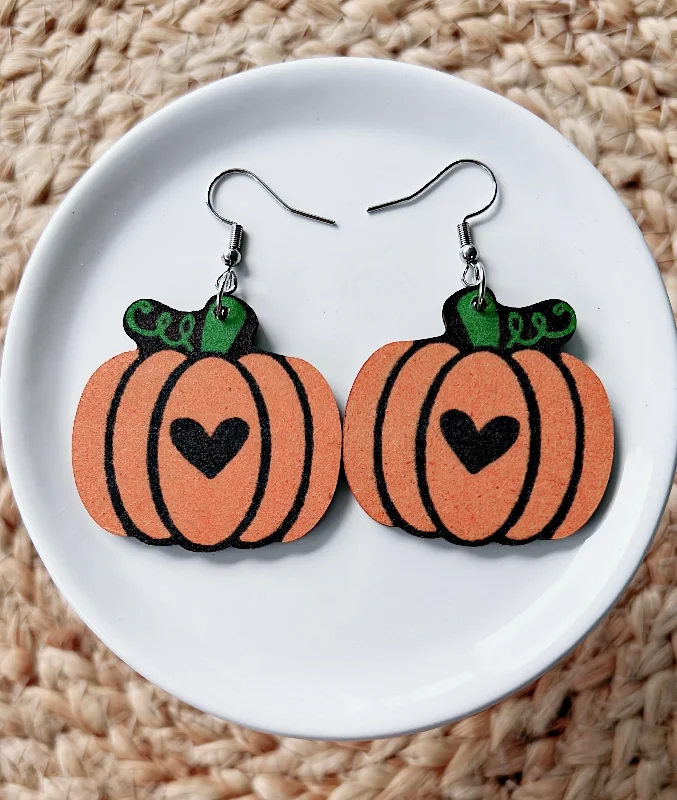 Ladies earrings delicate drops-Wooden Pumpkin with Heart Drop Earrings