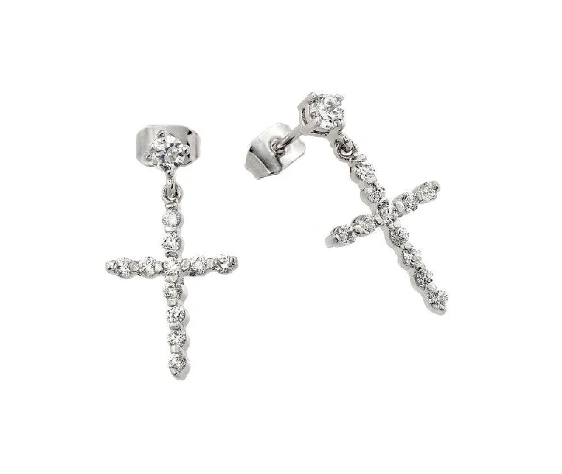 Ladies earrings gold styles-Silver 925 Rhodium Plated Cross CZ Dangling Earrings - BGE00290