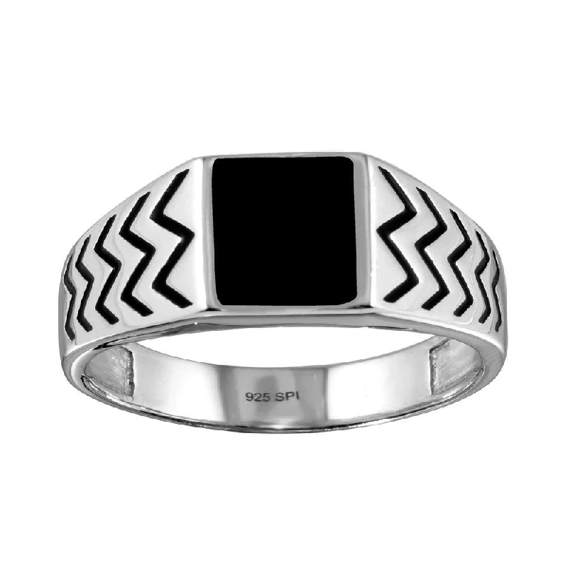 Ladies rings punk edge-Rhodium Plated 925 Sterling Silver Black Enamel Zig Zag Design Shank Ring - SOR00004