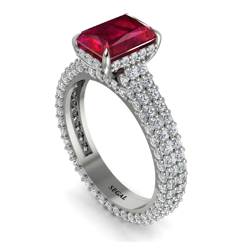 Ladies engagement rings titanium options-Radiant Cut Ruby Pave Engagement Ring - Kenzie No. 12