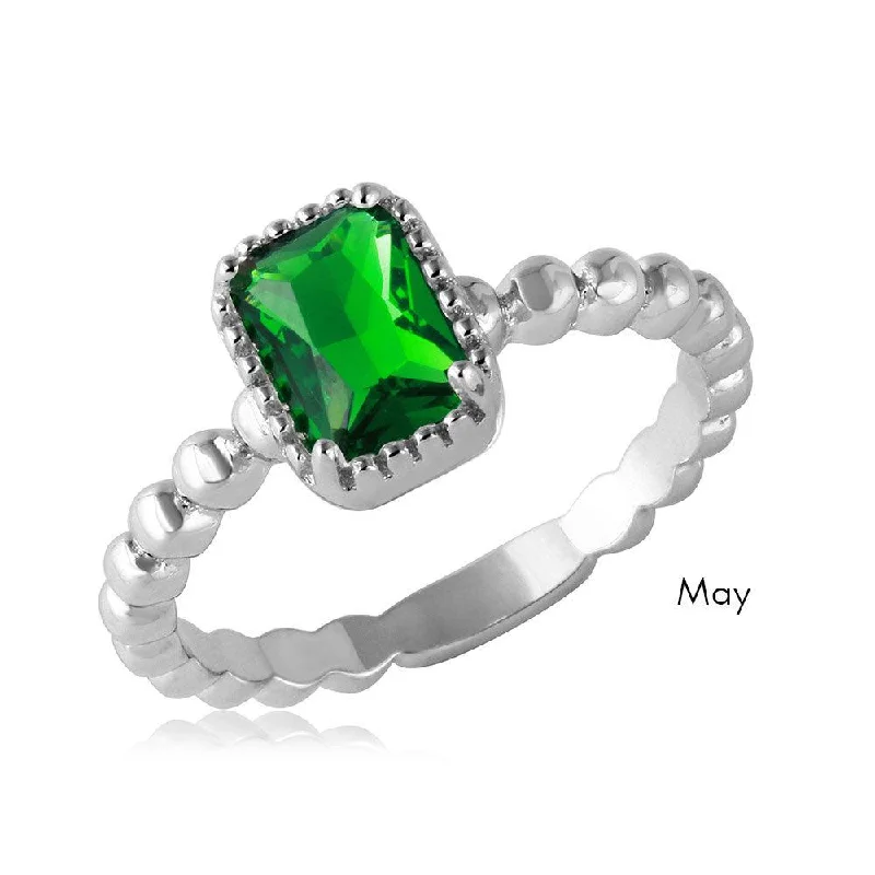 Ladies rings buying guide-May Sterling Silver 925 Rhodium Plated Beaded Shank Square Center Birthstone Ring - BGR01081MAY