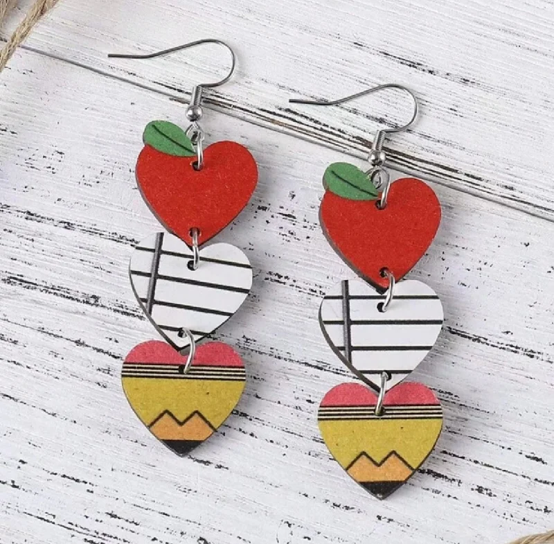 Ladies earrings worldwide styles-Beautiful Vintage Apple, Book, and Pencil Heart Drop Earrings