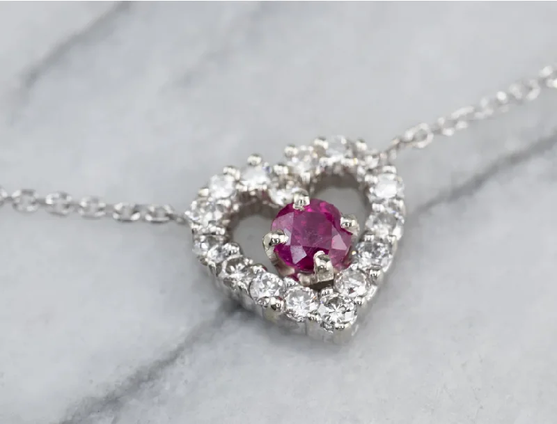 Ladies rings ethnic flair-Ruby and Diamond Heart Necklace