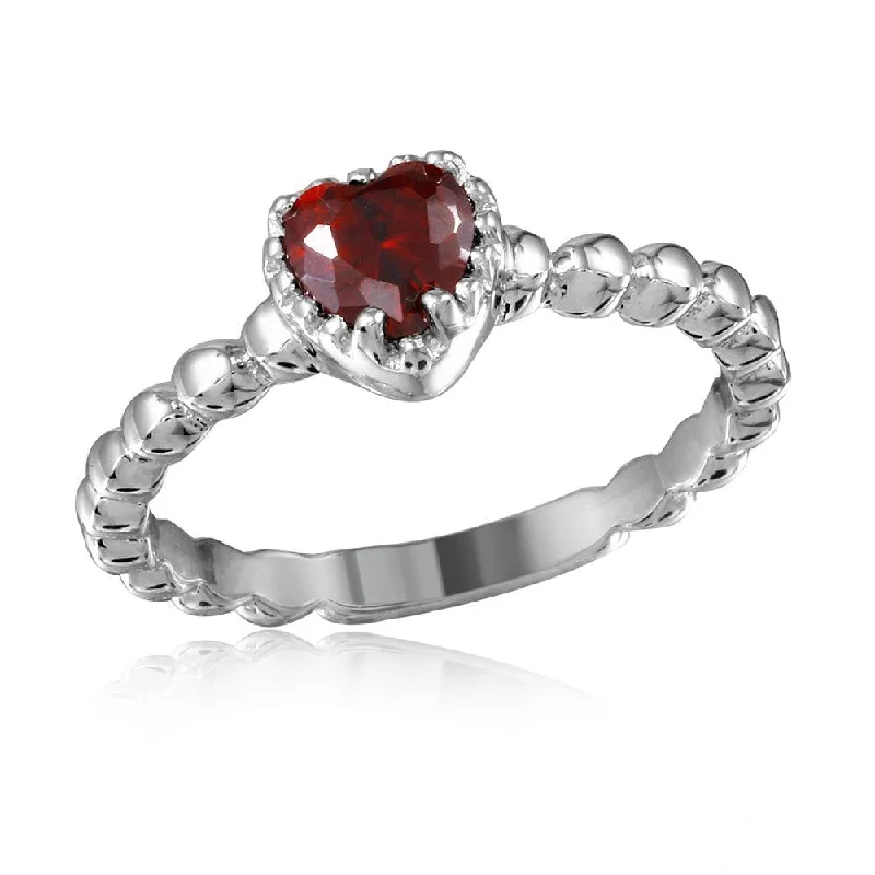 Ladies rings European styles-Silver 925 Rhodium Plated Beaded Band Red Heart Center Stone Ring - BGR01052RED